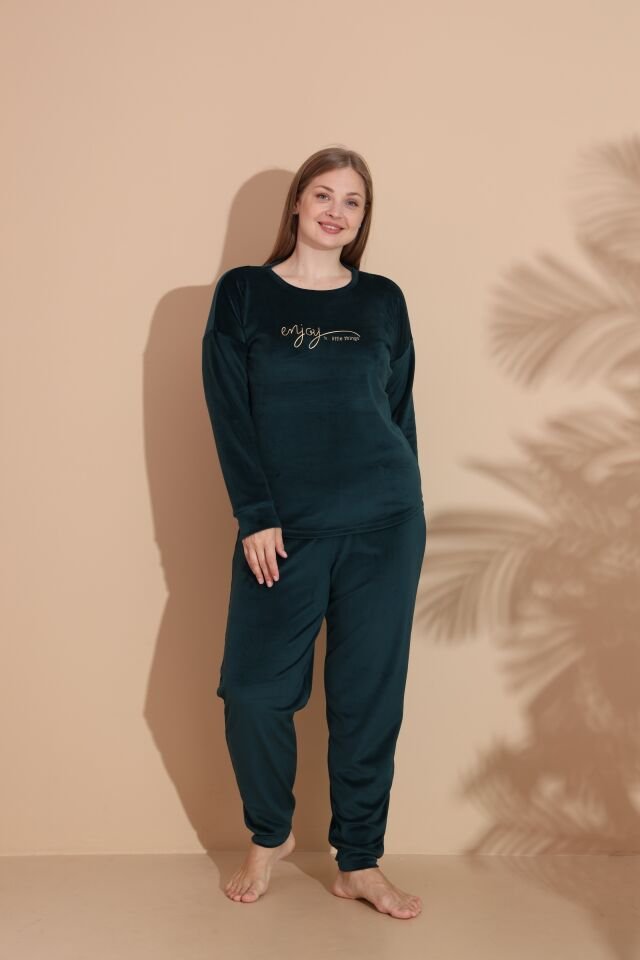 Kadın Kışlık Kadife Battal Pijama Takımı 3XL - Yeşil