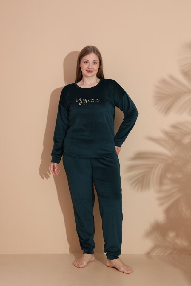 Kadın Kışlık Kadife Battal Pijama Takımı 4XL - Yeşil