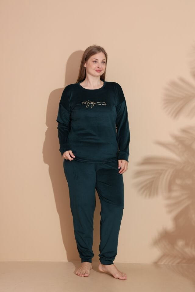 Kadın Kışlık Kadife Battal Pijama Takımı 4XL - Yeşil