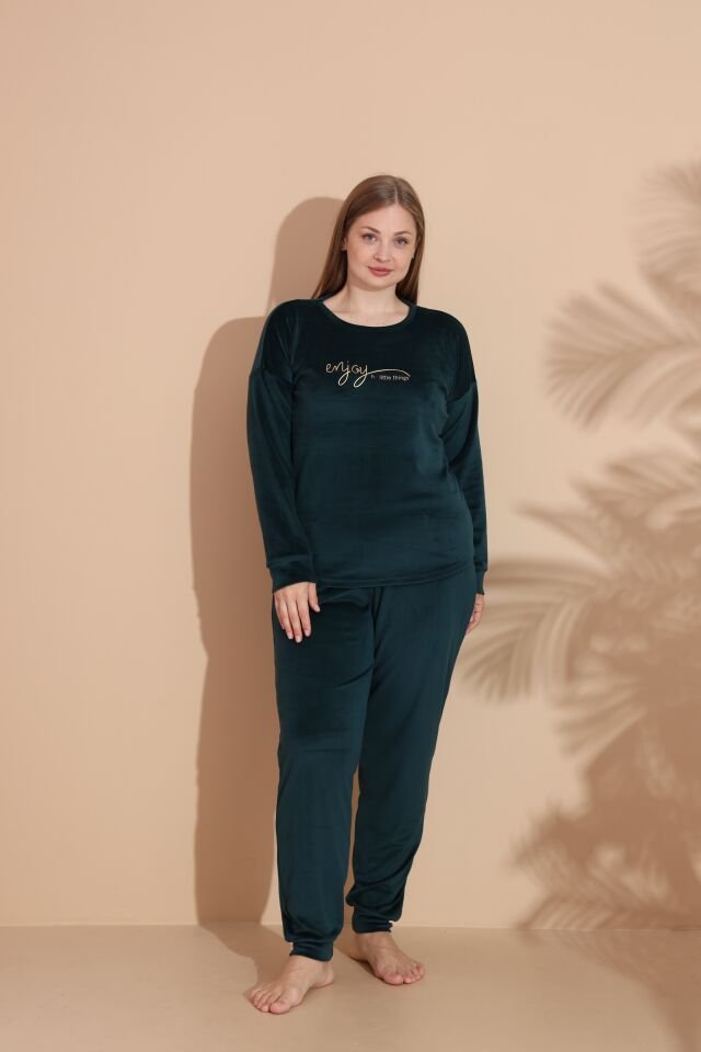 Kadın Kışlık Kadife Battal Pijama Takımı 5XL - Yeşil