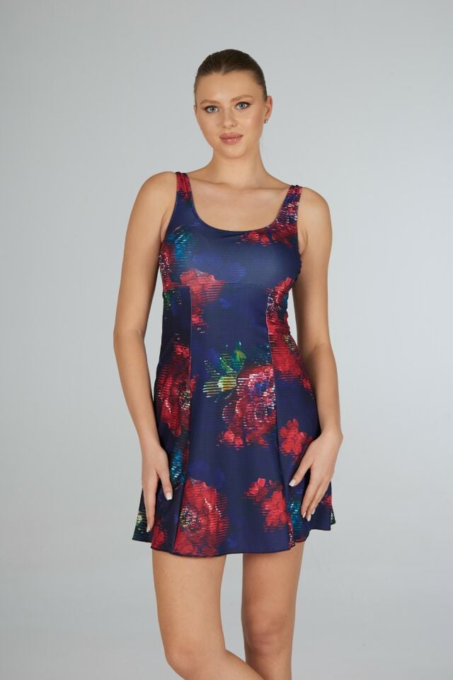 Estiva Kadın Çiçek Desenli Lacivert Emprime Tek Parça Elbise Mayo