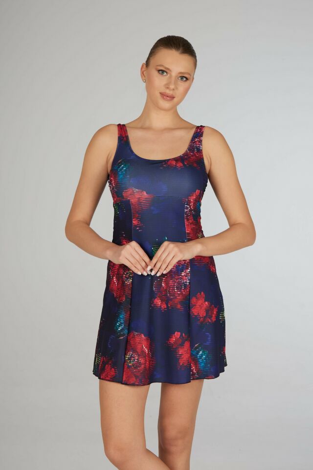 Estiva Kadın Çiçek Desenli Lacivert Emprime Tek Parça Elbise Mayo