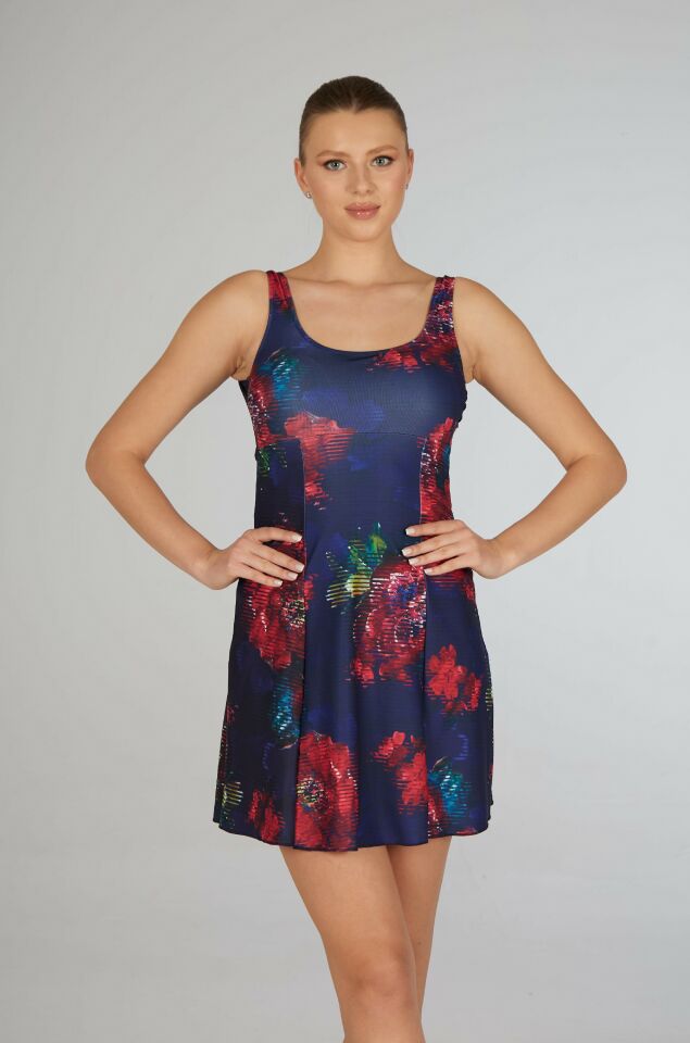 Estiva Kadın Çiçek Desenli Lacivert Emprime Tek Parça Elbise Mayo