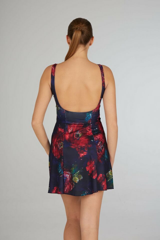 Estiva Kadın Çiçek Desenli Lacivert Emprime Tek Parça Elbise Mayo