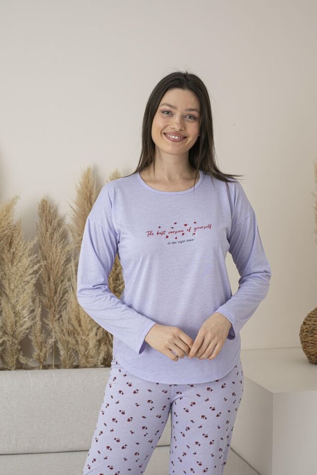 Kadın Yazlık Desenli Uzun Kollu Viskon Pijama Takımı