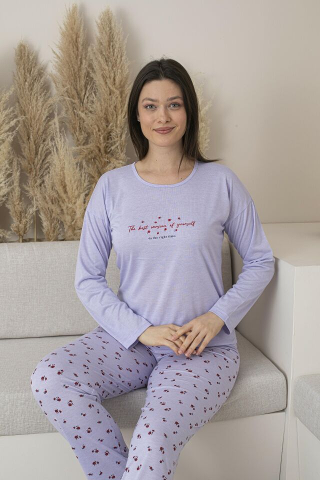 Kadın Yazlık Desenli Uzun Kollu Viskon Pijama Takımı
