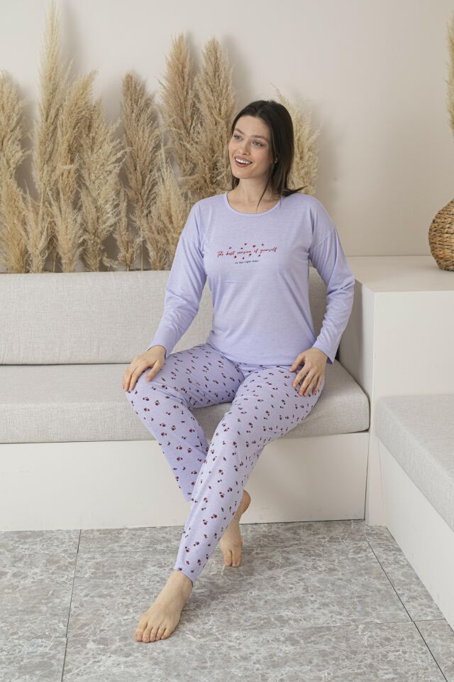 Kadın Yazlık Desenli Uzun Kollu Viskon Pijama Takımı