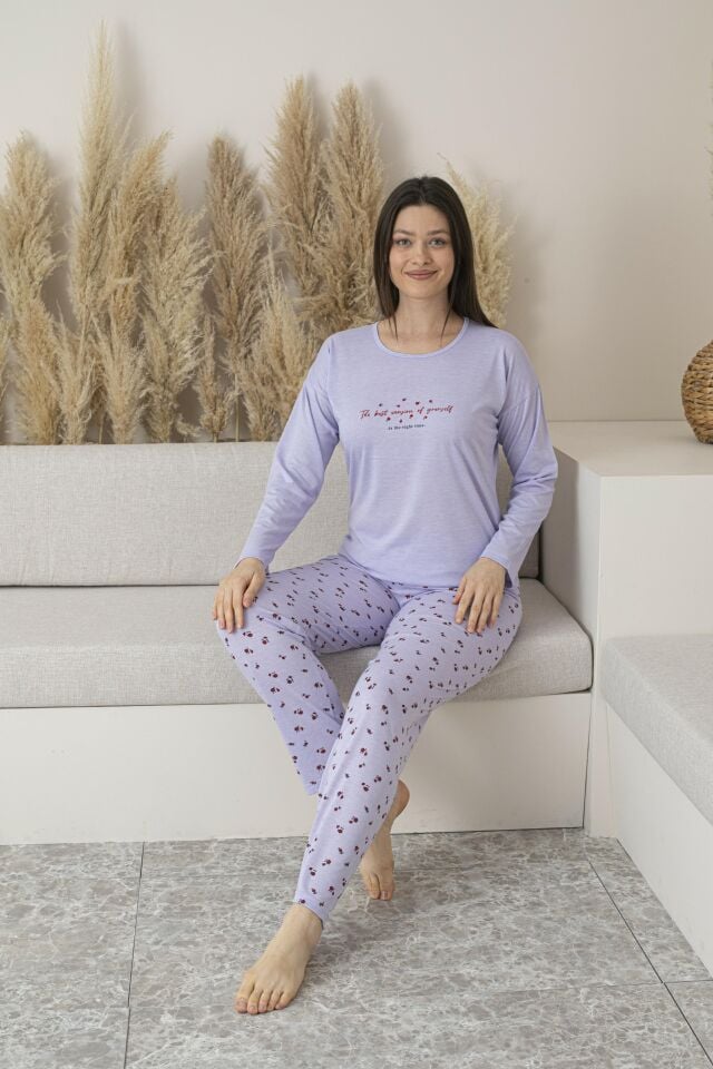 Kadın Yazlık Desenli Uzun Kollu Viskon Pijama Takımı
