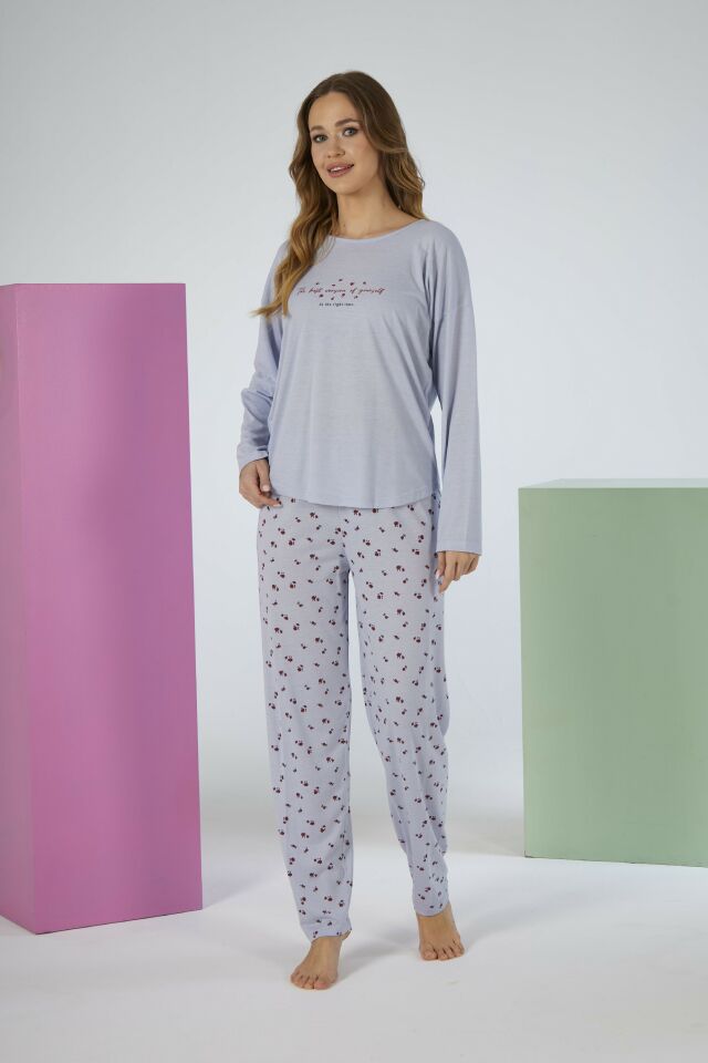 Kadın Yazlık Desenli Uzun Kollu Viskon Pijama Takımı M - Gri