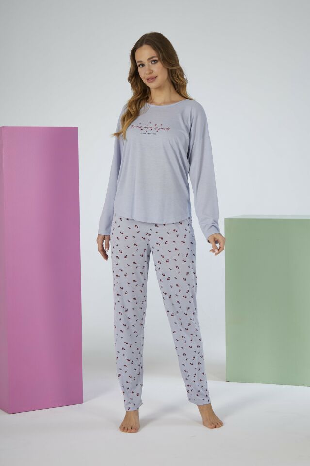 Kadın Yazlık Desenli Uzun Kollu Viskon Pijama Takımı M - Gri