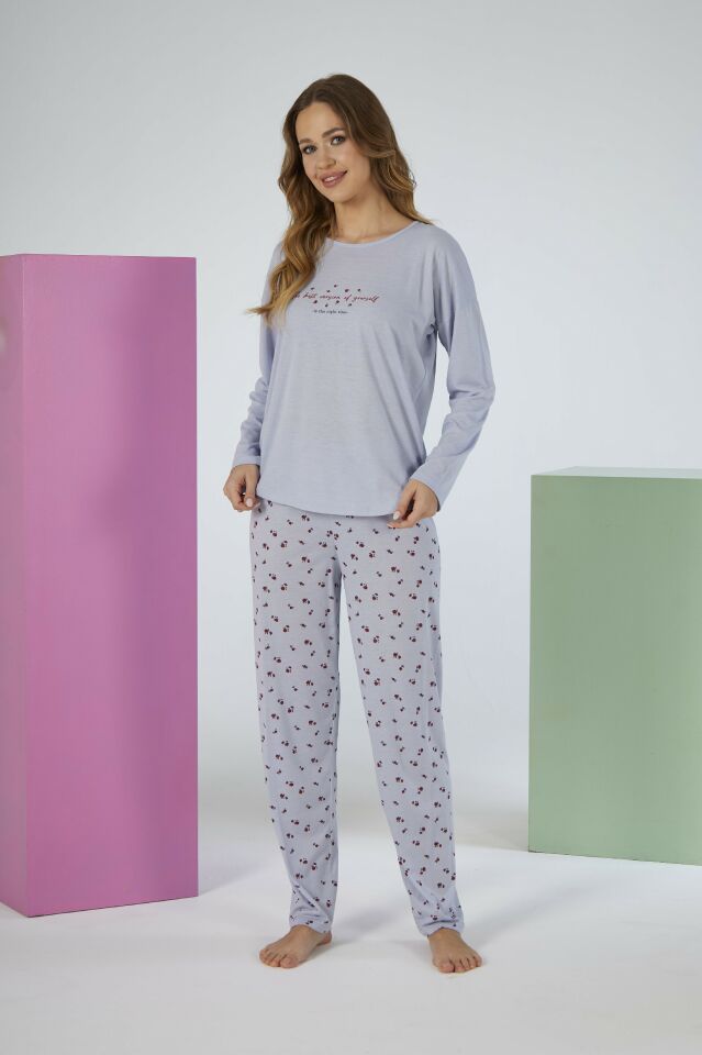 Kadın Yazlık Desenli Uzun Kollu Viskon Pijama Takımı M - Gri