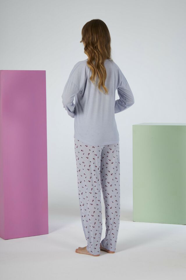 Kadın Yazlık Desenli Uzun Kollu Viskon Pijama Takımı M - Gri