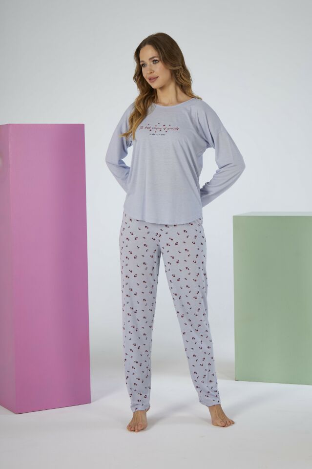 Kadın Yazlık Desenli Uzun Kollu Viskon Pijama Takımı L - Gri