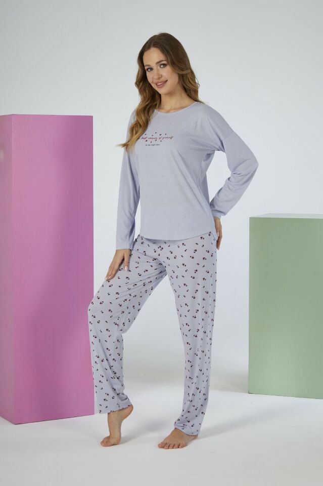 Kadın Yazlık Desenli Uzun Kollu Viskon Pijama Takımı L - Gri