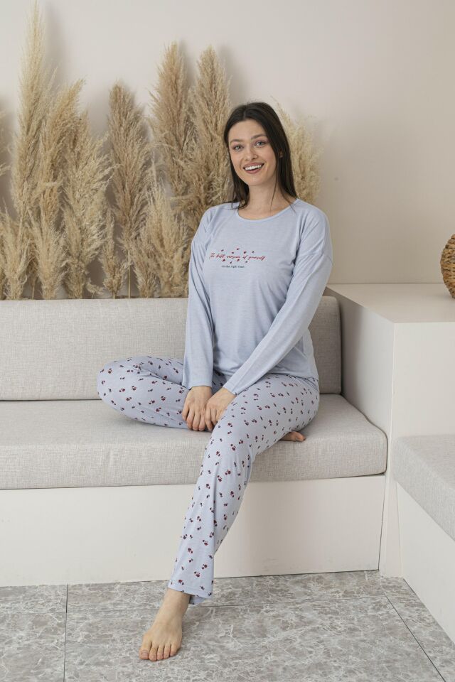 Kadın Yazlık Desenli Uzun Kollu Viskon Pijama Takımı XL - Gri
