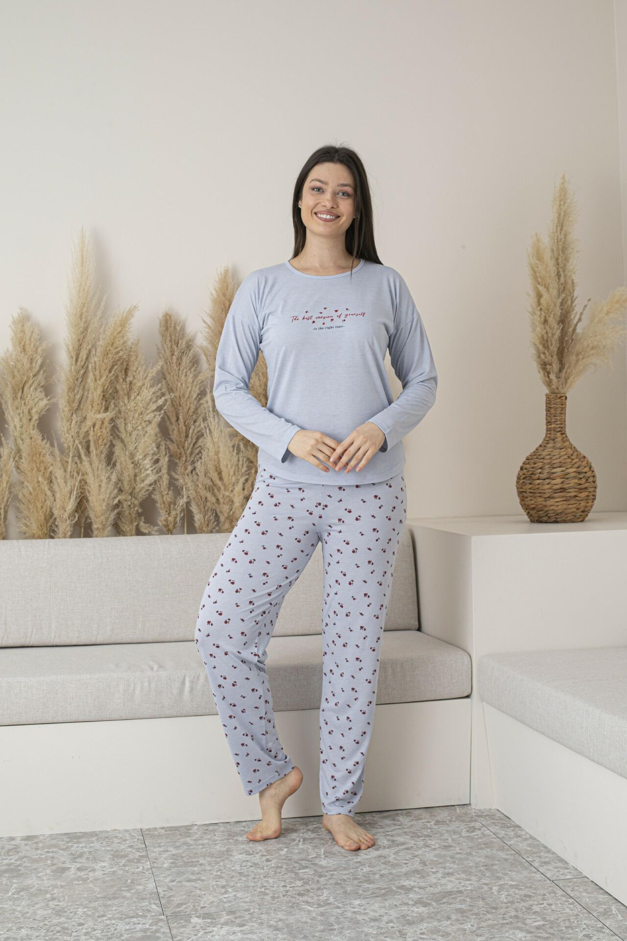 Kadın Yazlık Desenli Uzun Kollu Viskon Pijama Takımı 2XL - Gri