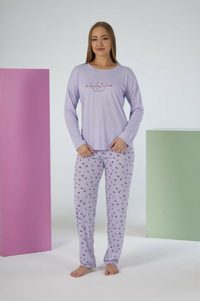 Kadın Yazlık Desenli Uzun Kollu Viskon Pijama Takımı M - Lila