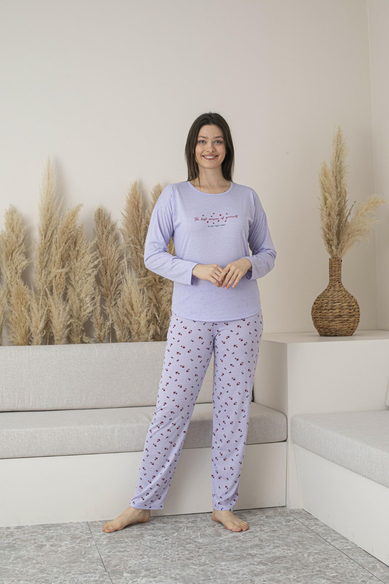 Kadın Yazlık Desenli Uzun Kollu Viskon Pijama Takımı L - Lila