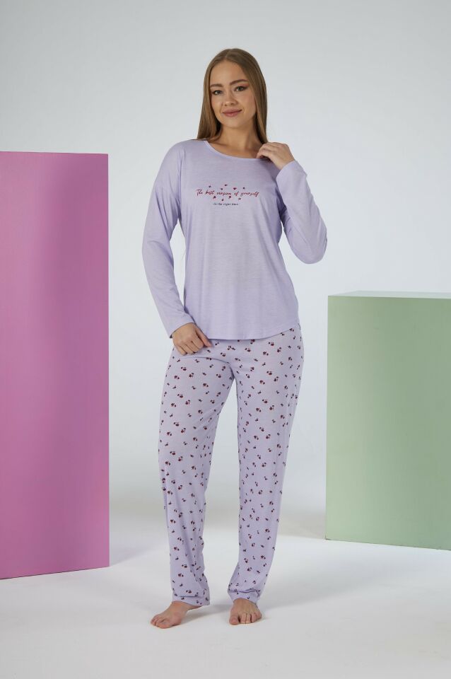 Kadın Yazlık Desenli Uzun Kollu Viskon Pijama Takımı L - Lila
