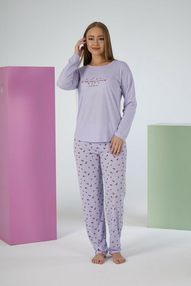 Kadın Yazlık Desenli Uzun Kollu Viskon Pijama Takımı L - Lila