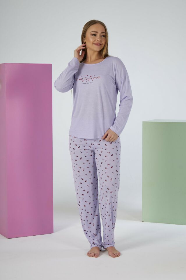 Kadın Yazlık Desenli Uzun Kollu Viskon Pijama Takımı L - Lila