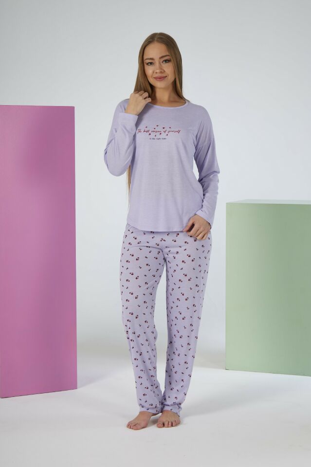 Kadın Yazlık Desenli Uzun Kollu Viskon Pijama Takımı L - Lila