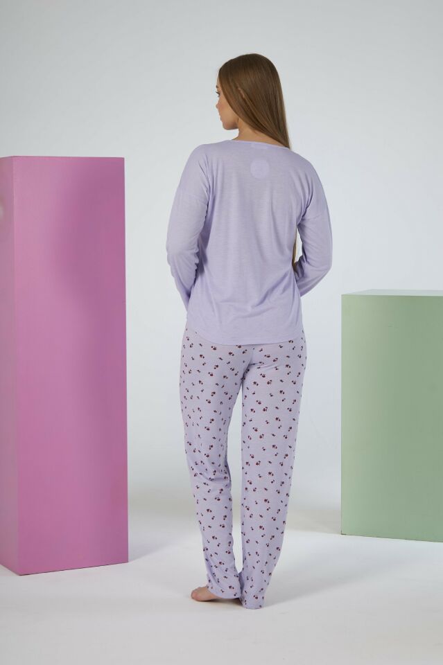 Kadın Yazlık Desenli Uzun Kollu Viskon Pijama Takımı L - Lila