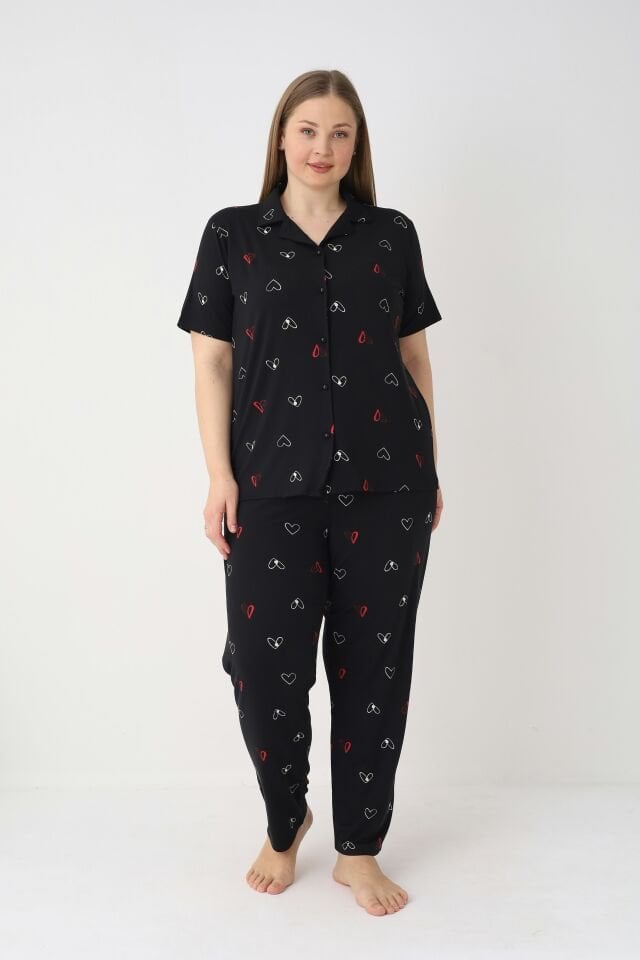 Estiva Kadın Kalp Desenli Siyah Kısa Kollu Önden Düğmeli Soft Battal Pijama Takımı