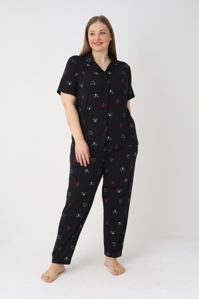 Estiva Kadın Kalp Desenli Siyah Kısa Kollu Önden Düğmeli Soft Battal Pijama Takımı