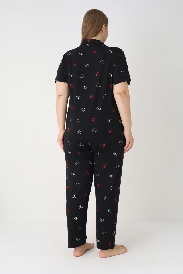 Estiva Kadın Kalp Desenli Siyah Kısa Kollu Önden Düğmeli Soft Battal Pijama Takımı