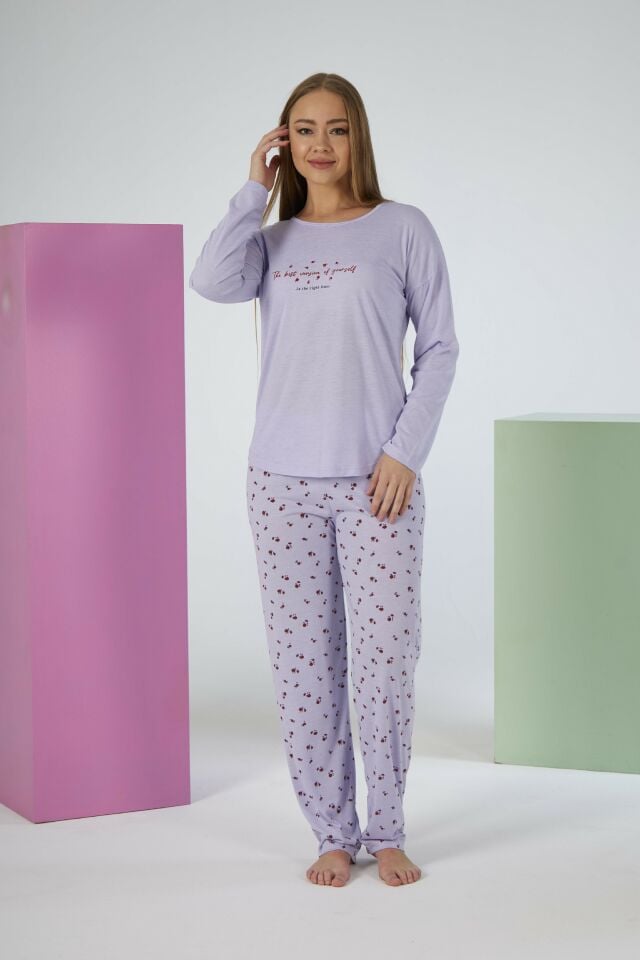 Kadın Yazlık Desenli Uzun Kollu Viskon Pijama Takımı 2XL - Lila