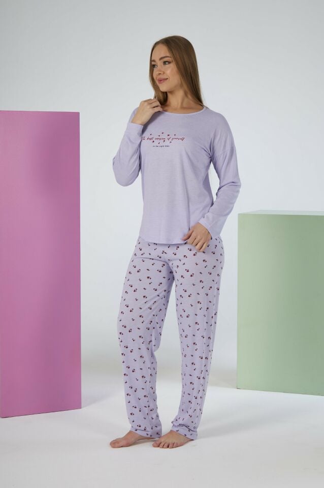 Kadın Yazlık Desenli Uzun Kollu Viskon Pijama Takımı 2XL - Lila