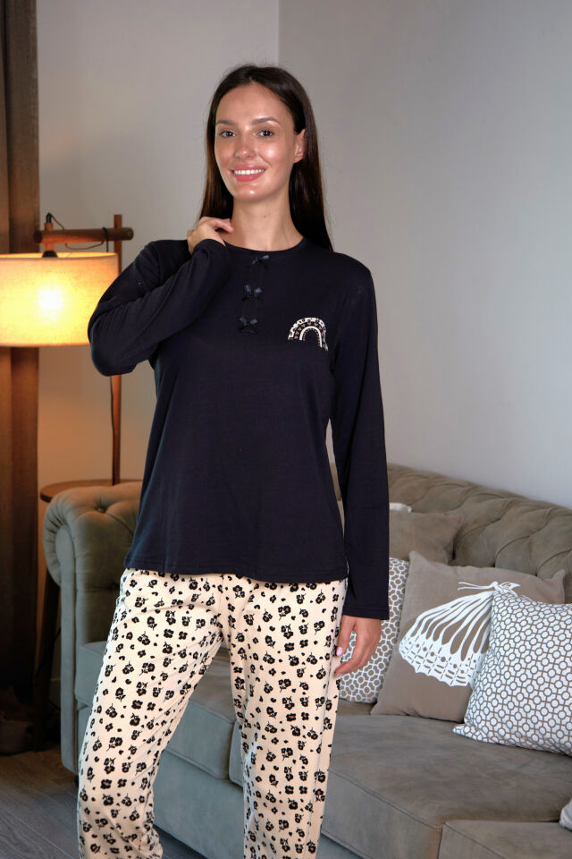 Estiva Kadın Çiçek Desenli Siyah Bej Rengi Penye Lycra Pijama Takımı