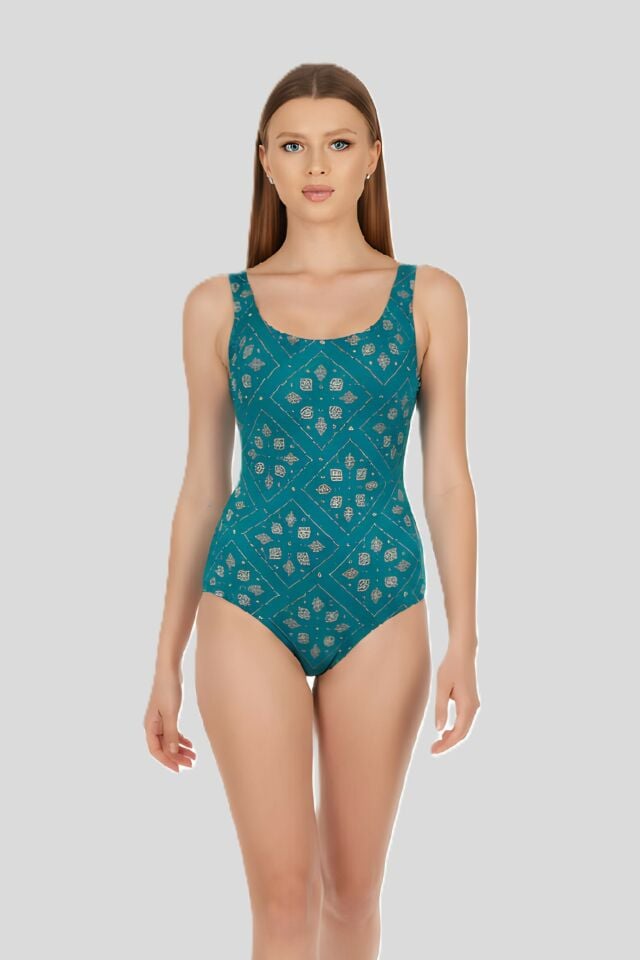 Estiva Kadın Kare Desenli Turkuaz U Yaka Emprime Tek Parça Mayo