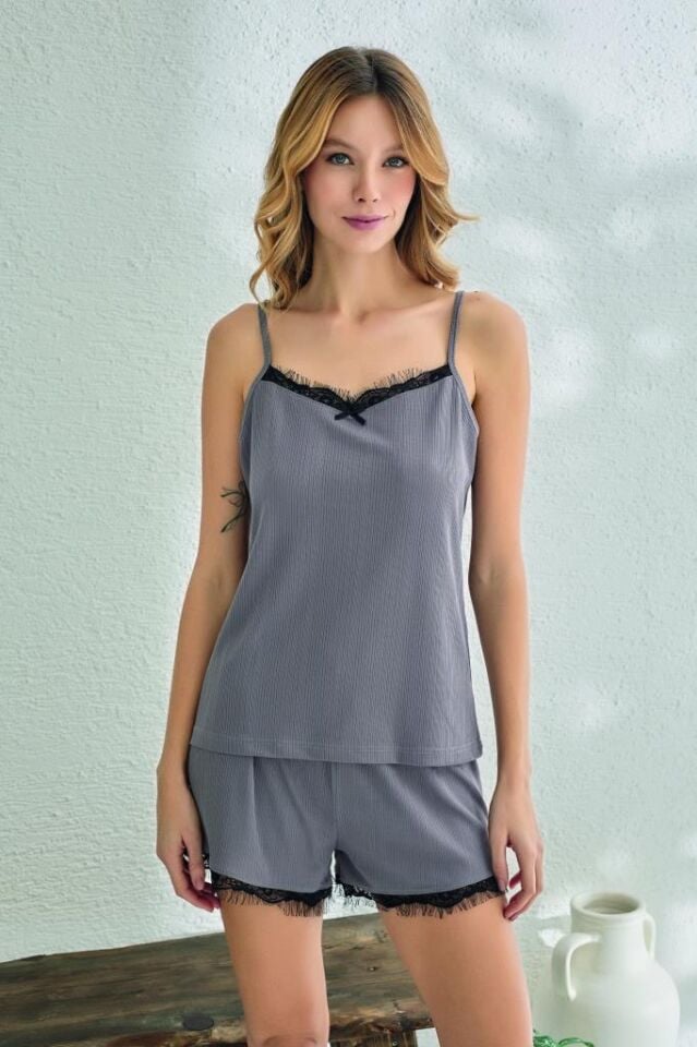 Estiva Kadın Ip Askılı Şortlu Likra Viskon Yazlık Pijama Takımı ANTRASİT - S