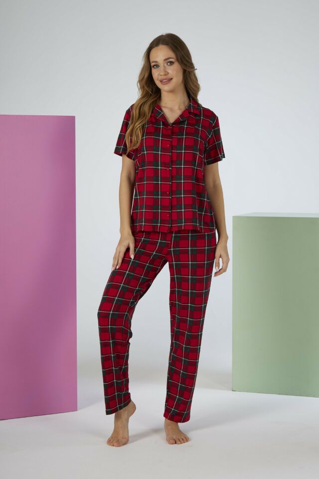 Estiva Kadın Kareli Kırmızı Kısa Kollu Önden Düğmeli Soft Pijama Takımı alternatif görsel