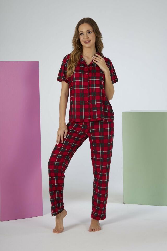 Estiva Kadın Kareli Kırmızı Kısa Kollu Önden Düğmeli Soft Pijama Takımı