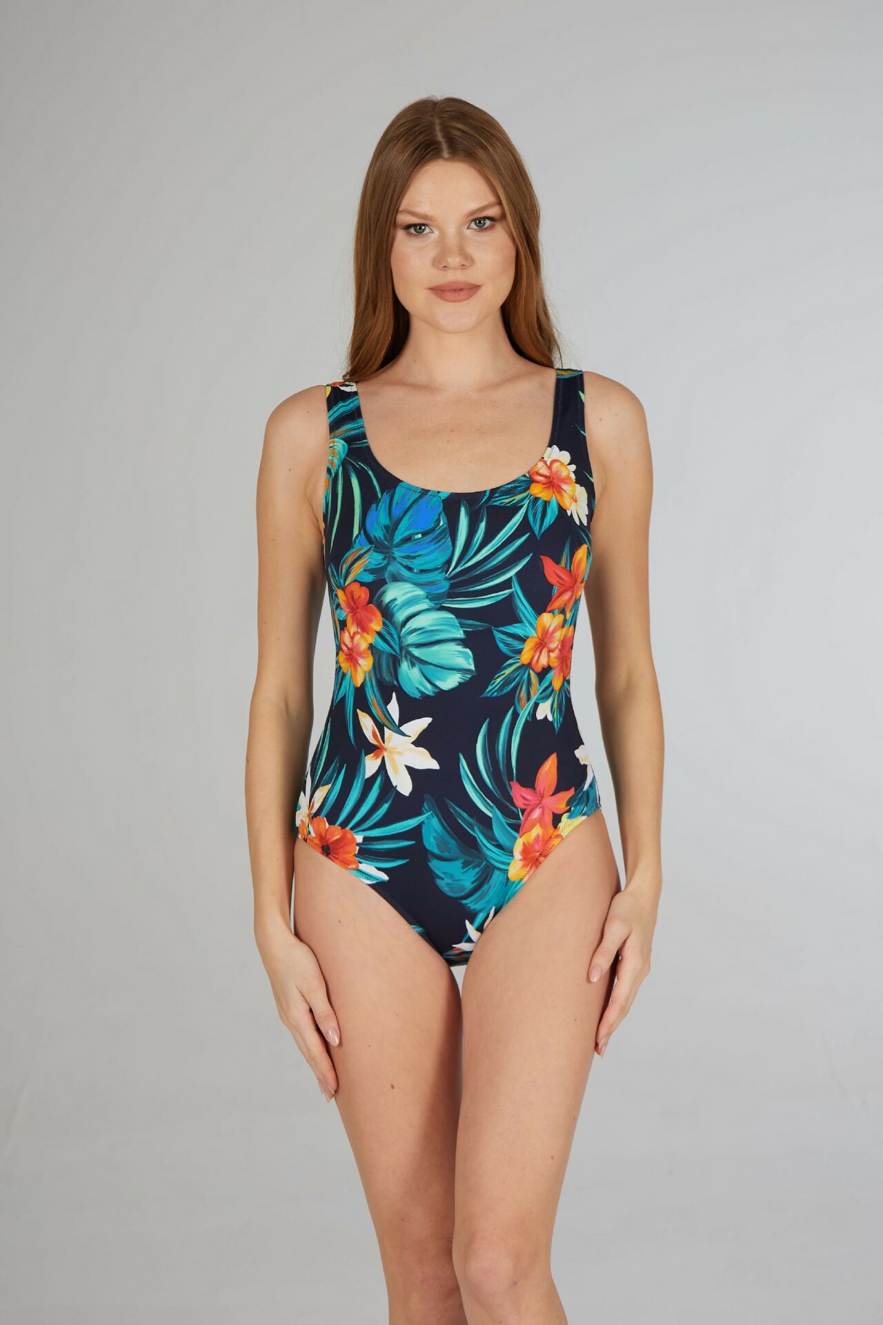 Estiva Kadın Tropikal Desenli Turkuaz U Yaka Emprime Tek Parça Mayo