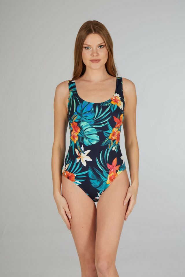 Estiva Kadın Tropikal Desenli Turkuaz U Yaka Emprime Tek Parça Mayo