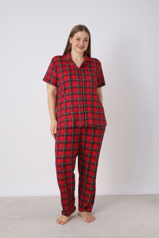 Estiva Kadın Kareli Kırmızı Kısa Kollu Önden Düğmeli Soft Battal Pijama Takımı
