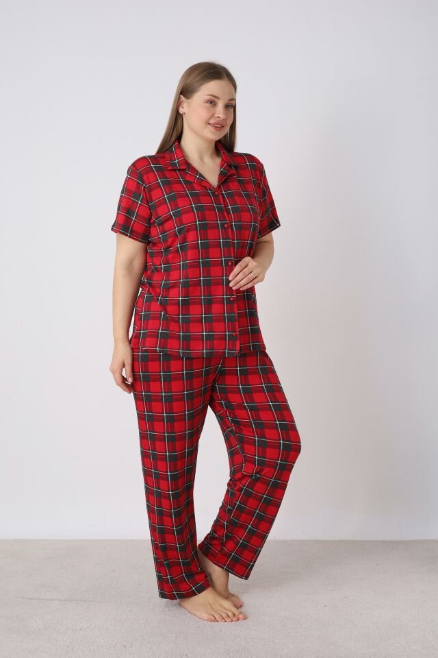 Estiva Kadın Kareli Kırmızı Kısa Kollu Önden Düğmeli Soft Battal Pijama Takımı