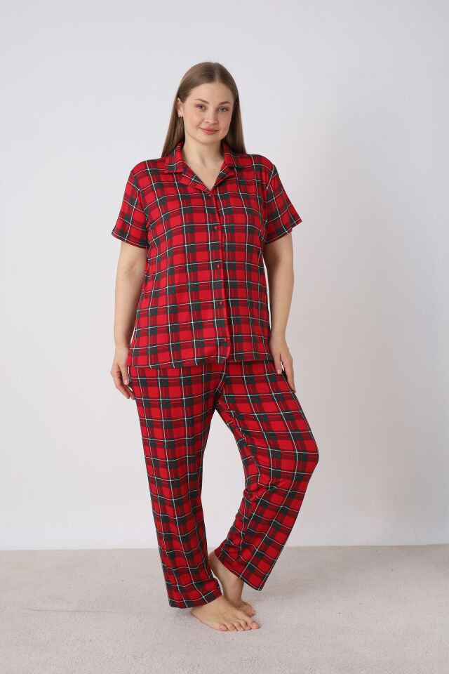 Estiva Kadın Kareli Kırmızı Kısa Kollu Önden Düğmeli Soft Battal Pijama Takımı