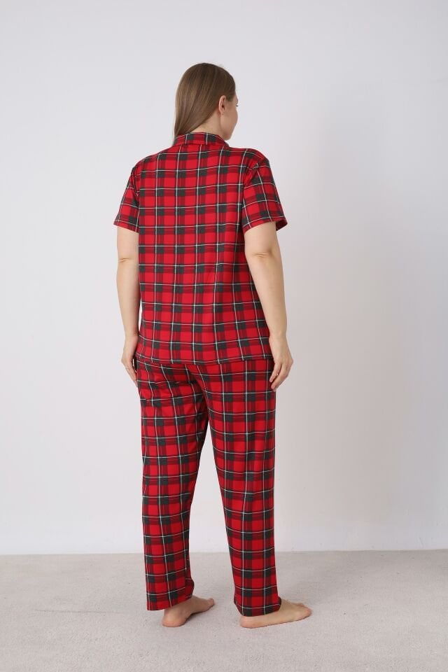 Estiva Kadın Kareli Kırmızı Kısa Kollu Önden Düğmeli Soft Battal Pijama Takımı