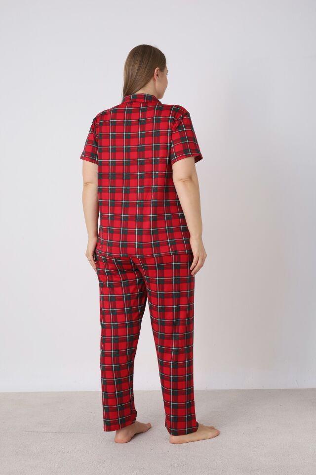 Estiva Kadın Kareli Kırmızı Kısa Kollu Önden Düğmeli Soft Battal Pijama Takımı