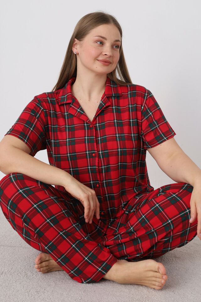 Estiva Kadın Kareli Kırmızı Kısa Kollu Önden Düğmeli Soft Battal Pijama Takımı