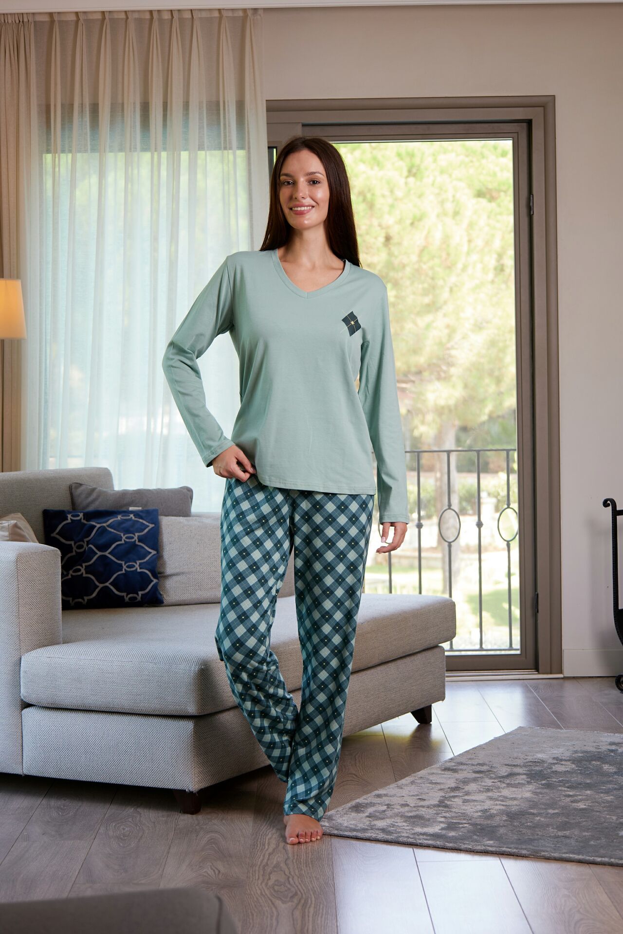 Estiva Kadın Kare Desenli Yeşil Penye Lycra Pijama Takımı