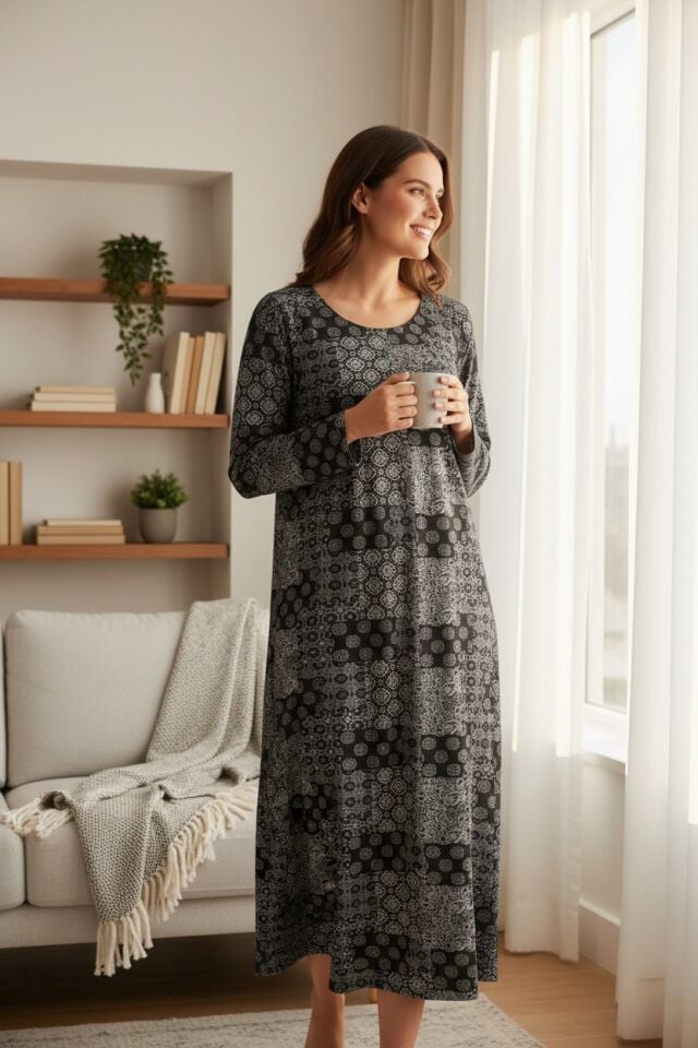 Estiva Kadın Desenli Uzun Kollu Lycra Viskon Günlük Elbise