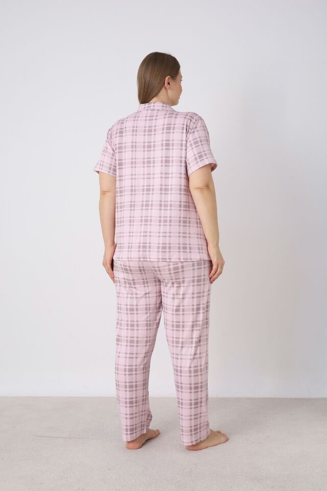 Estiva Kadın Kareli Pembe Kısa Kollu Önden Düğmeli Soft Battal Pijama Takımı