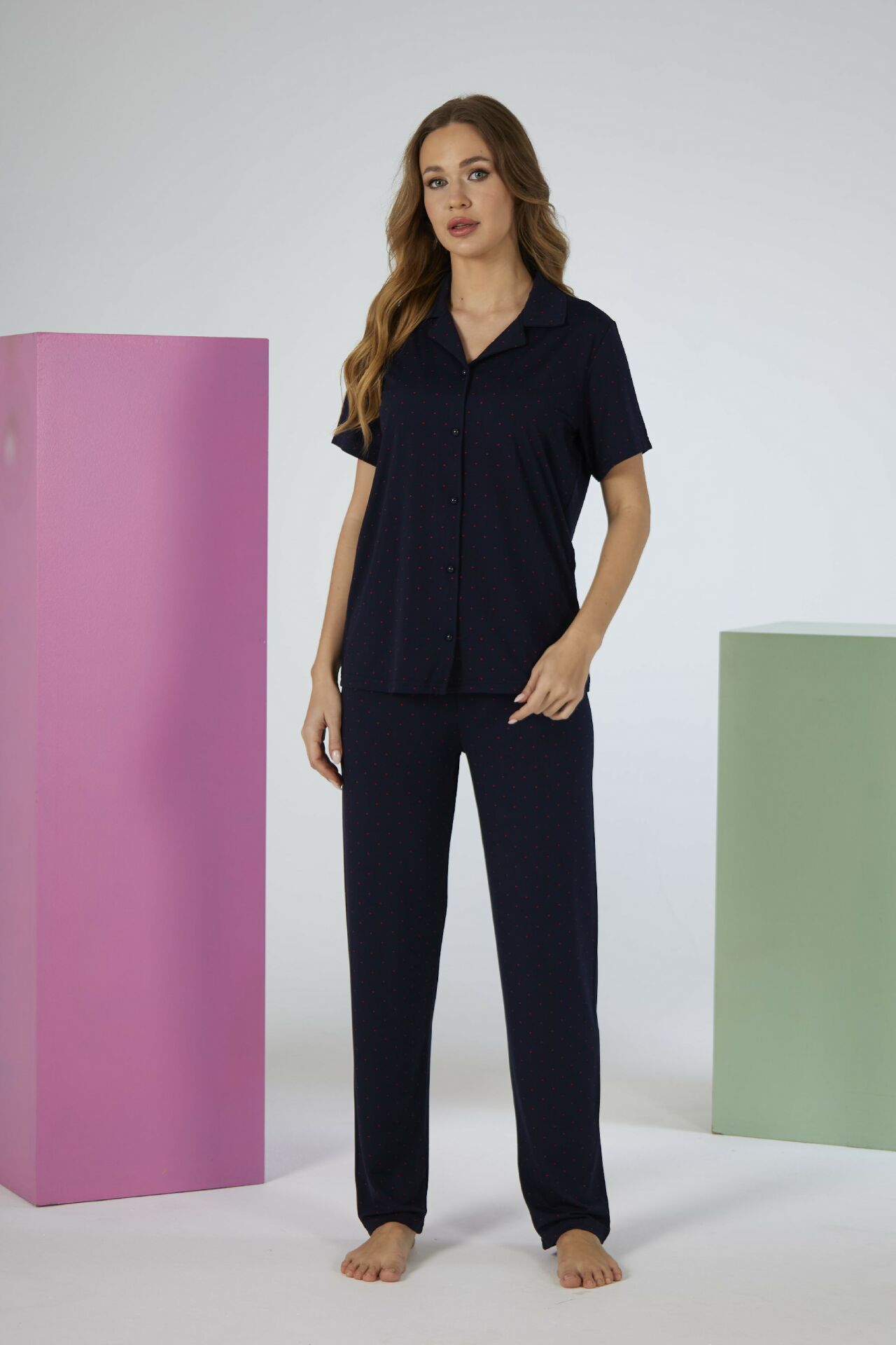 Estiva Kadın Lacivert Kısa Kollu Önden Düğmeli Soft Pijama Takımı