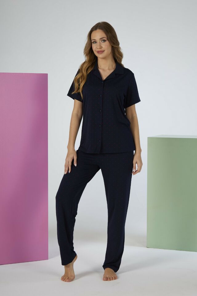 Estiva Kadın Lacivert Kısa Kollu Önden Düğmeli Soft Pijama Takımı